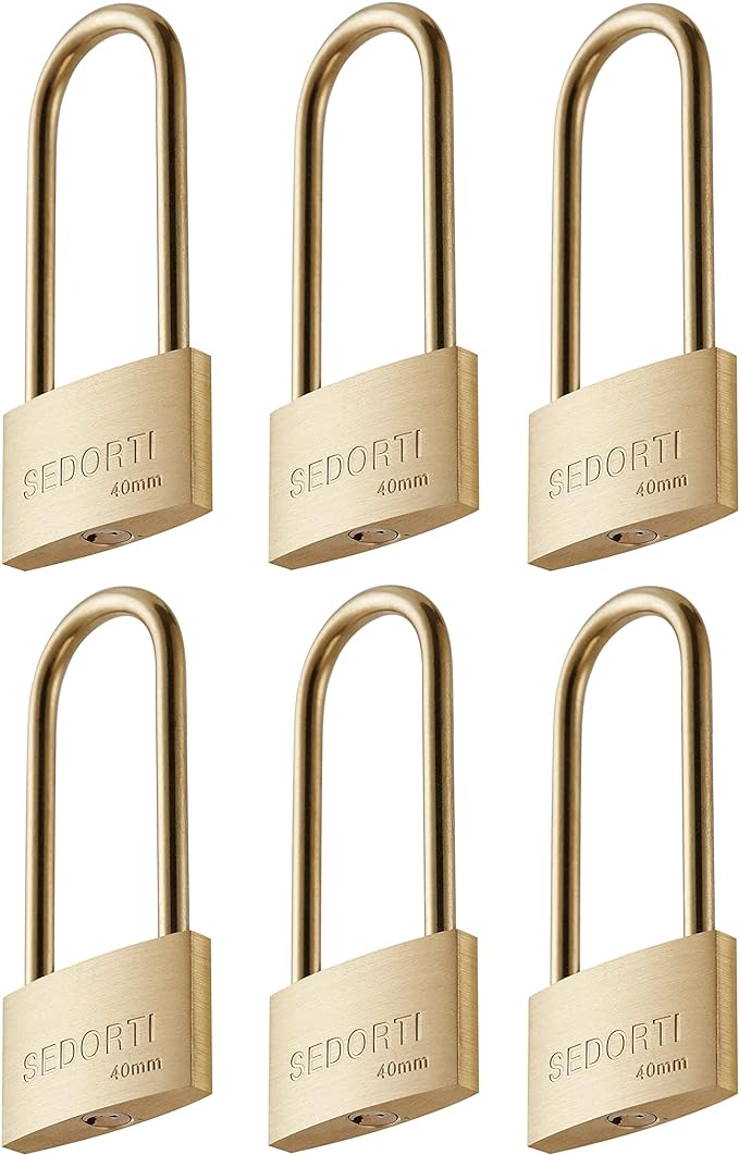 Weather Proof Lock, Keyed Alike Solid Brass Padlocks with Long Brass Shackle, Light Duty, 1-1/2" Wide Body, Marine Padlock, Anti Rust Lock, 6 Pack