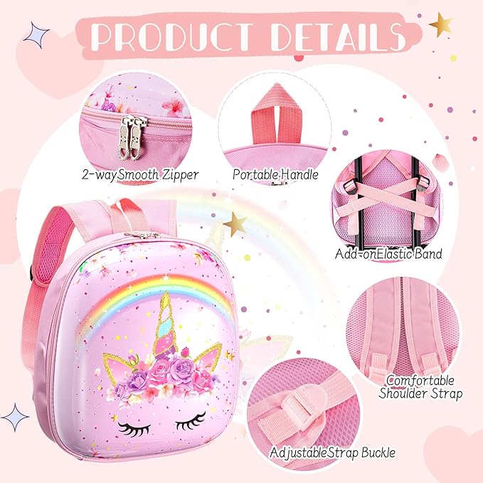 Sanwuta 4 Pcs Kids Luggage Set Kids Backpack Travel Rolling Suitcase with Wheels U-shape Pillow Childrens Gift for Girls Boys(17 Inch,Unicorn Rainbow Style,Pink)