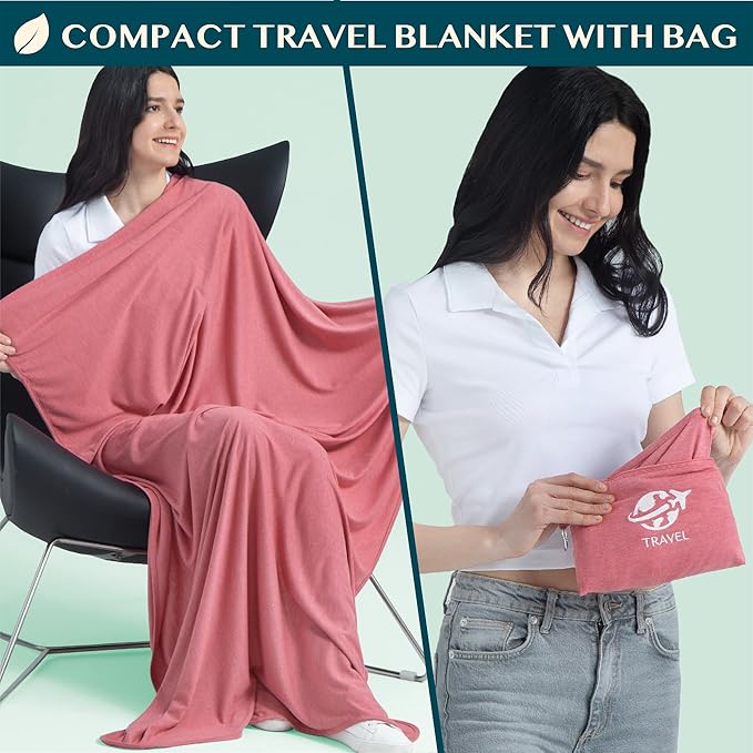 PAVILIA Soft Travel Blanket, Compact Airplane Blanket in Bag, Portable Blanket Pillow Set, Lightweight and Packable Plane Flight Car Trips Travel Home Office Gift Accessories, Pink, 65x40 inches