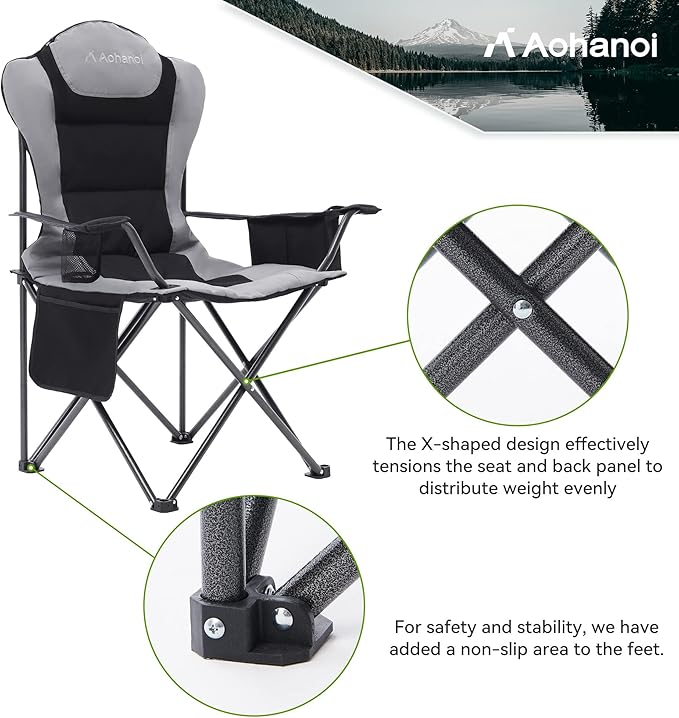 Camping Chairs for Heavy People, Folding Chairs for Outside Outdoor Folding Chairs with Cup Holder & Cooler Bag, Camp Chairs Supports up to 300lbs(1 PC, Black)