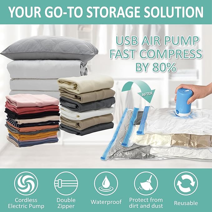 Travel Vacuum Bags with Electric Pump, 8 Pack Vacuum Travel Bags for Luggage and Suitcase, Vacuum Seal Space Saver Compression for Clothes Clothing