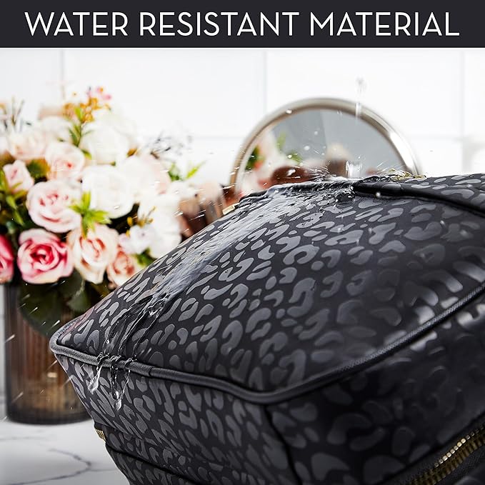 Nicole Miller New York Once Upon a Rose Makeup Bag, Multifunctional Travel and Toiletries Bag, Cosmetics Essentials Accessories Bag, Luxurious, Classic, Chic, and Stylish, Black Cow