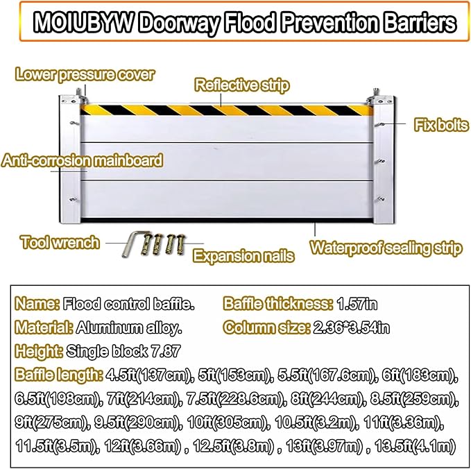 Reusable Flood Barrier, 3/4/5/6/7/8/9/10/11/12/13ft Long Heavy Duty Aluminum Water Barrier Shield for Sliding Glass Door/Driveway/Home Doorway, Removable Stopper Shield with Rubber(H 1.3ft