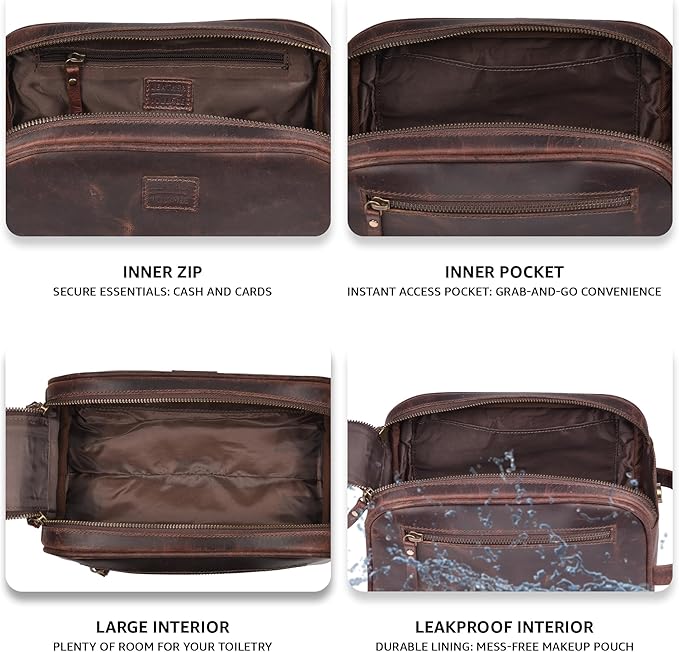 LEATHER VILLAGE Premium Leather Toiletry Travel Pouch With Waterproof Lining - Dark Brown | King-Size Handcrafted Vintage Dopp Kit Bag