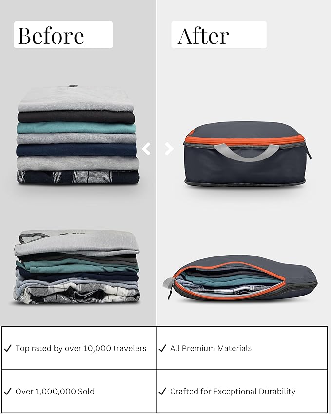 Large Compression Packing Cubes for Travel-Packing Cube Luggage Organizers 7 Piece Set for Checked Luggage-Ultralight, Expandable/Compression Bags by TRIPPED Travel Gear (Grey/Orange)