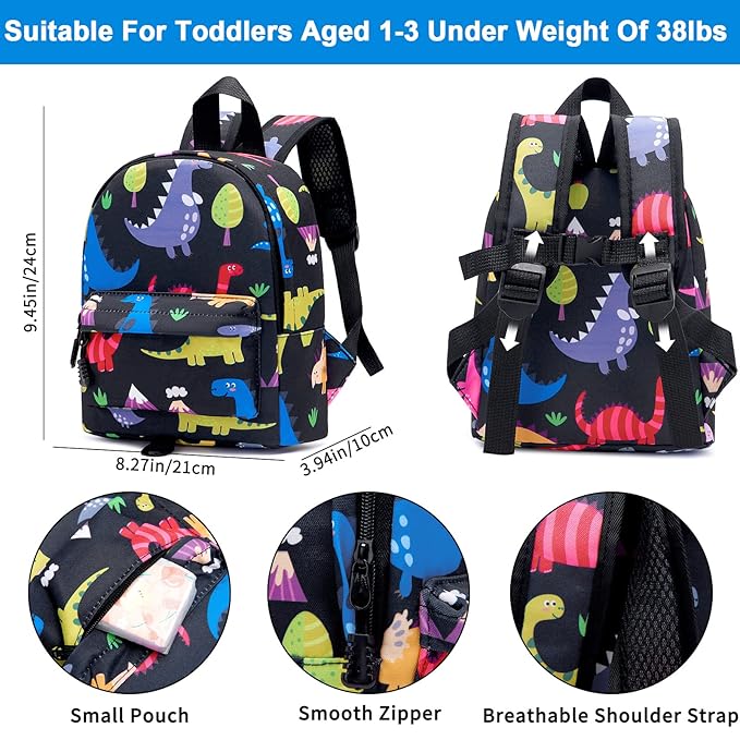 Accmor Toddler Backpack Leash with Anti Lost Wrist Link, Cute Mini Child Walking Harnesses Keep Kids Close Back Pack Rope Tether Rein for Baby Boys (Black/Dino)
