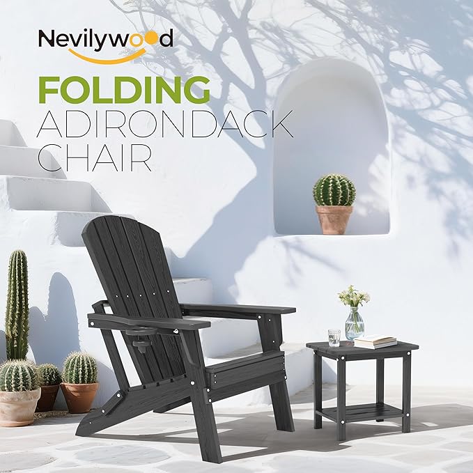 Folding Adirondack Chair, Ergonomic Extended Backrest, HDPE All-Weather, 400lbs Capacity, Maintenance-Free, Cup Holder, （Black）- Outdoor Patio & Firepit Chair