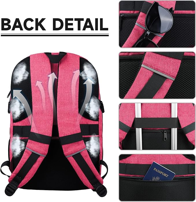 Lapsouno Extra Large Backpack, 17.3 Inch Travel Laptop Backpack, Water Resistant Casual Hiking Daypack, Computer Bag with USB Port, College School Business Carry on Rucksack for Women, Pink