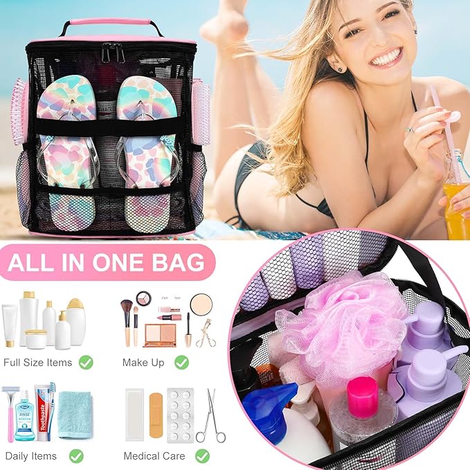 Mesh Shower Caddy,Portable HangingTravel Toiletry Bag Dorm Room Essentials for College Students Girls,Large Makeup Organizer for Full-Sized Toiletries,Travel Essentials for Women Girls Camping Beach