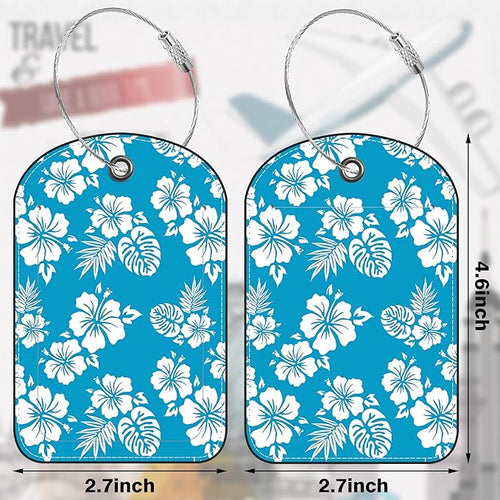 2 PCS Leather Luggage Tags for Suitcase Blue Hibiscus Travel Luggage Tag with Privacy Flap Name ID Label and Metal Loop for Travel Bag Suitcase