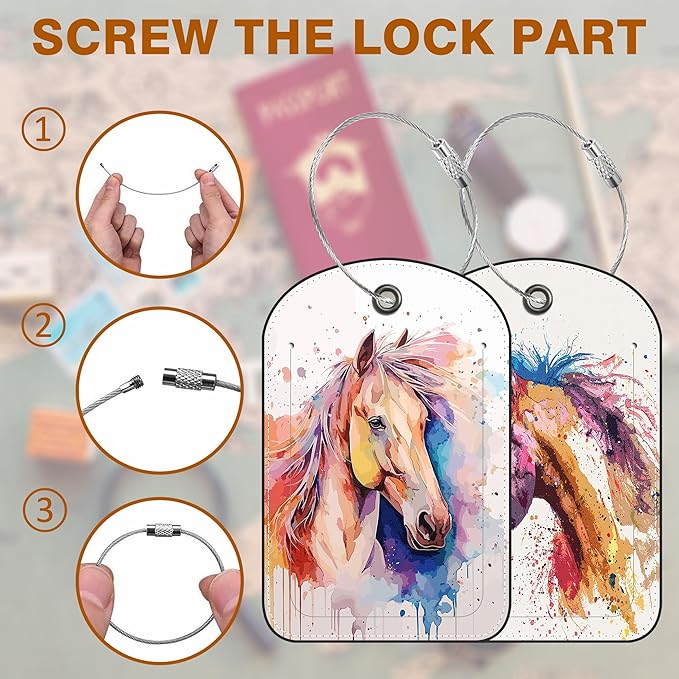 2 PCS Leather Luggage Tags for Suitcase Watercolor Horse Travel Luggage Tag with Privacy Flap Name ID Label and Metal Loop for Travel Bag Suitcase