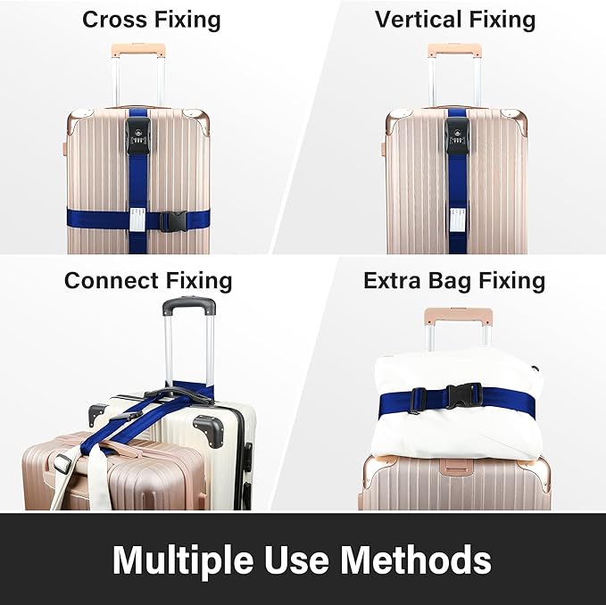 Luggage Straps, Blue TSA Approved Luggage Strap Belt with Combination Lock for Suitcases, 2 Pack Adjustable Heavy Duty Cross Suitcase Straps with Name Tags for Travel, Carry On Bags, Protect Luggage