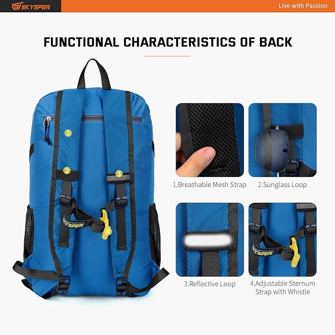 SKYSPER Lightweight Packable Backpack - 30L Hiking Daypack with Wet Pocket Foldable Travel Carry-on Backpack for Women Men