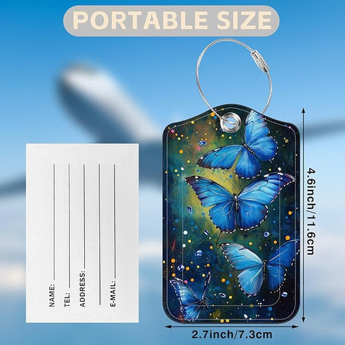 2 Pcs Watercolor Blue Butterfly Luggage Tags for Suitcases PU Leather Baggage Tags Name ID Label with Privacy Cover and Stainless Steel Loop for Men Women Travel Bag Suitcase