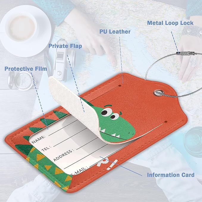 2 Pack Luggage Tags,Leather Suitcase Tags with Privacy Cover Name Address Labels& Durable Steel Loop for Men/Women Travel Bag Suitcases(Cute Cartoon Dinosaur)