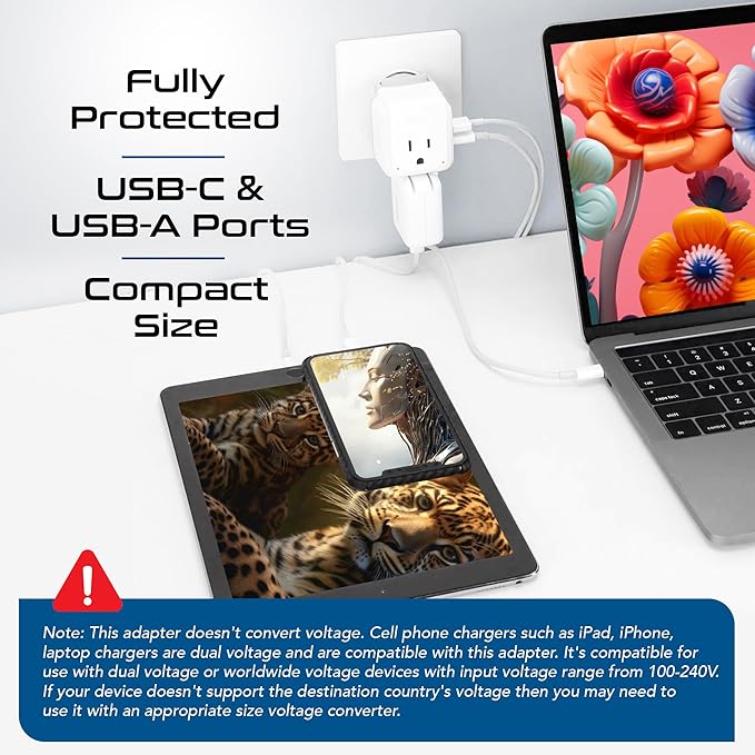Ceptics World Power Plug Adapter Set, Dual USB & USB-C 3.1A, 20W with QC-PD, 2 USA Outlet Compact & Powerful, Use In Europe, Asia, Australia, Japan, Includes Type A, B, C, E/F, G, I SWadAPt Attachment