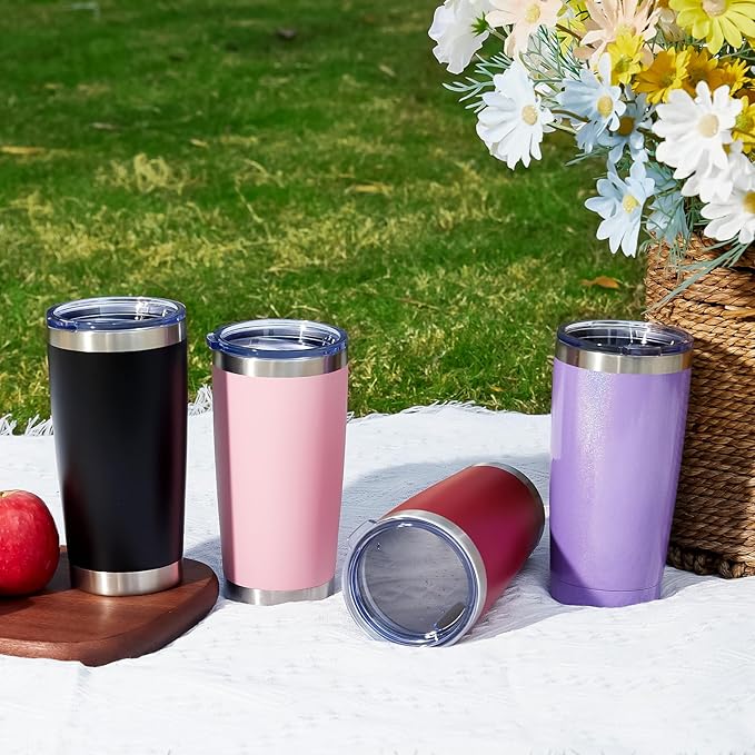 MEWAY 20oz Tumbler 4 Pack Double Wall Vacuum Insulated Travel Mug Bulk, Stainless Steel Tumblers with Lid and Straw, Durable Powder Coated Coffee Cups for Cold & Hot Drinks (Pink, 4)