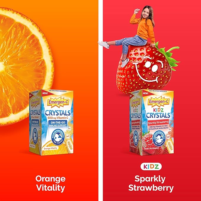 Emergen-C Crystals, On-the-Go Emergen-C Immune Support Supplement with Vitamin C, B Vitamins, Zinc and Manganese, Orange Vitality - 56 Stick Packs