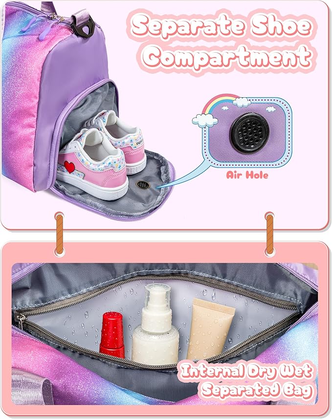 Girls Cheer Up Gifts-Girl Gym Bag with Shoe Compartment, Kid Personalized Weekender Ballet Bags, Initial Travel Tote with Makeup Pouch, Dance Gift for Niece Kids Daughter (Letter K)