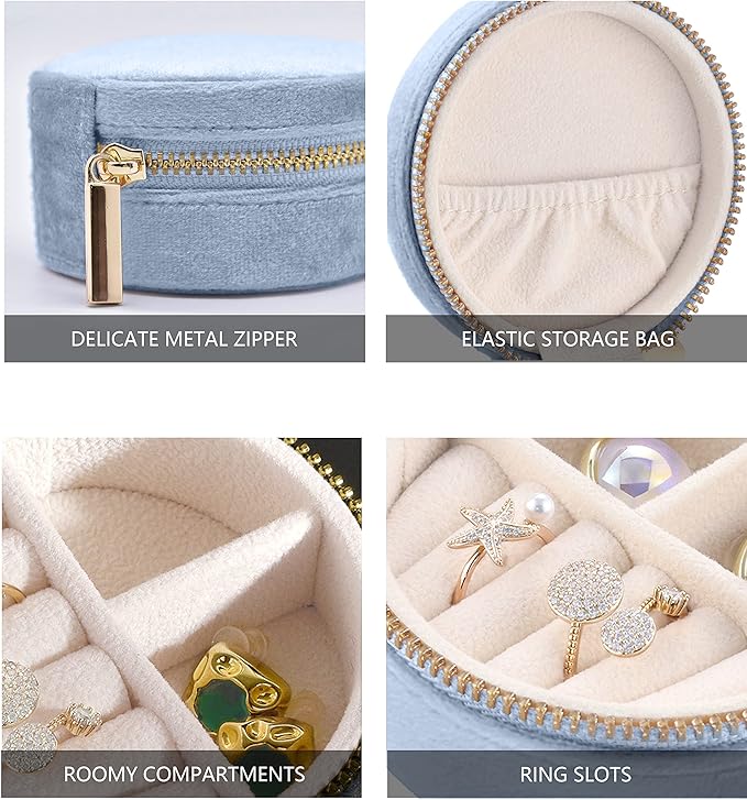 TAIMY Plush Velvet Travel Jewelry Box, Round Mini Travel Jewelry Case for Women Girls, Portable Mini Jewelry Travel Organizer Boxes for Rings Earrings Necklaces Bracelets(Ocean Blue)