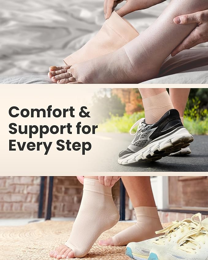 KEMFORD Ankle Compression Sleeve - Plantar Fasciitis Braces - Open Toe Compression Socks for Swelling, Sprain, Neuropathy, Foot Arch Support for Men and Women - 20-30mmhg, S, White