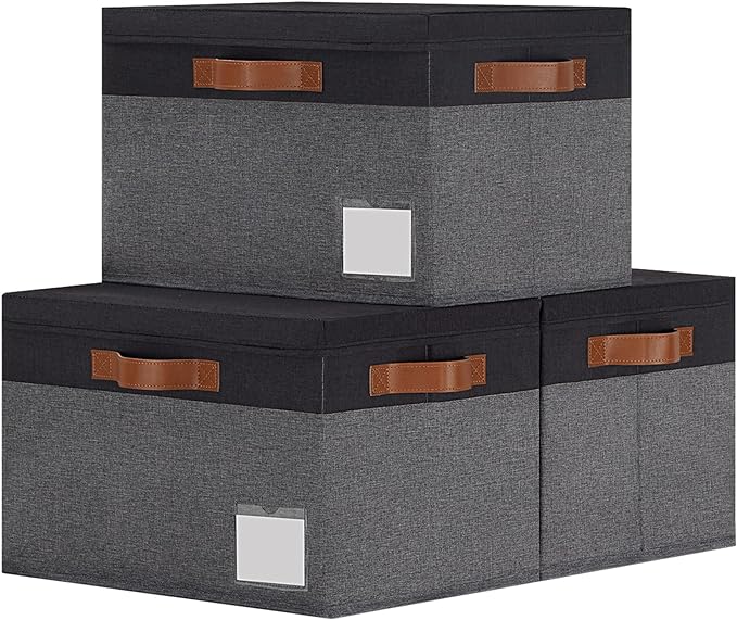 GhvyenntteS Fabric Storage Bins with Lids 3 Pack, Closet Storage Boxes with Lid and 3 Handles, Foldable Storage Baskets with Lids and Label Window for Home Office (Grey&Black, 15" x 11" x 9.7")