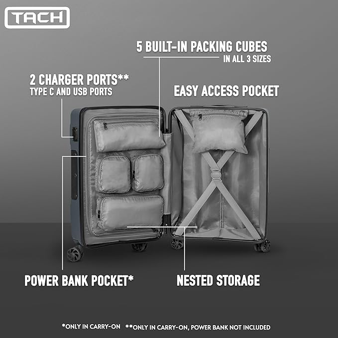 TACH V3.1 Hard Shell Carry On Luggage 20 inch | Carry on Luggage with Spinner Wheels & Patented Built-In Connecting System | One Piece Rolling Suitcase Links 9 Bags At Once (Grey)
