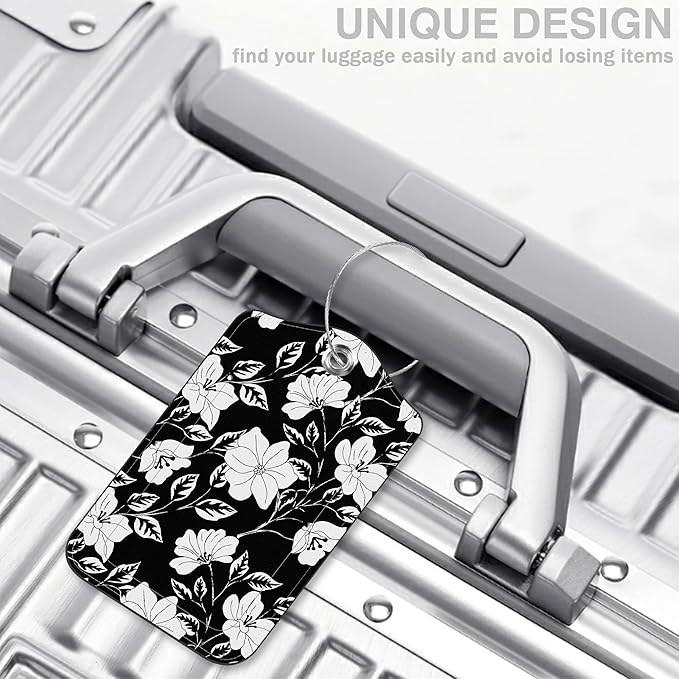 2 Pack Luggage Tags for Suitcases Black Flowers and Leaves Leather Luggage Tags Privacy Cover ID Label with Stainless Steel Loop and Address Card for Women Men Travel Bag Backpack