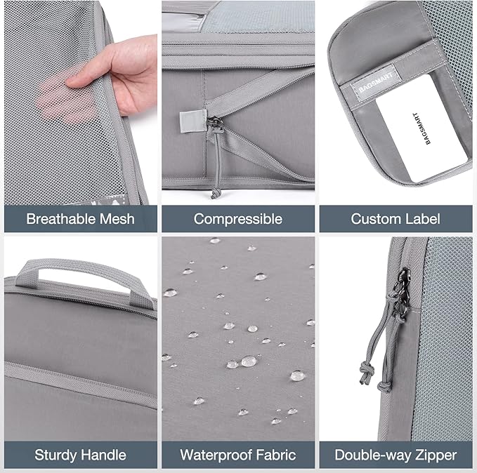 BAGSMART 6 Set Compression Packing Cubes - Lightweight Travel Essentials, Durable Luggage Organizer