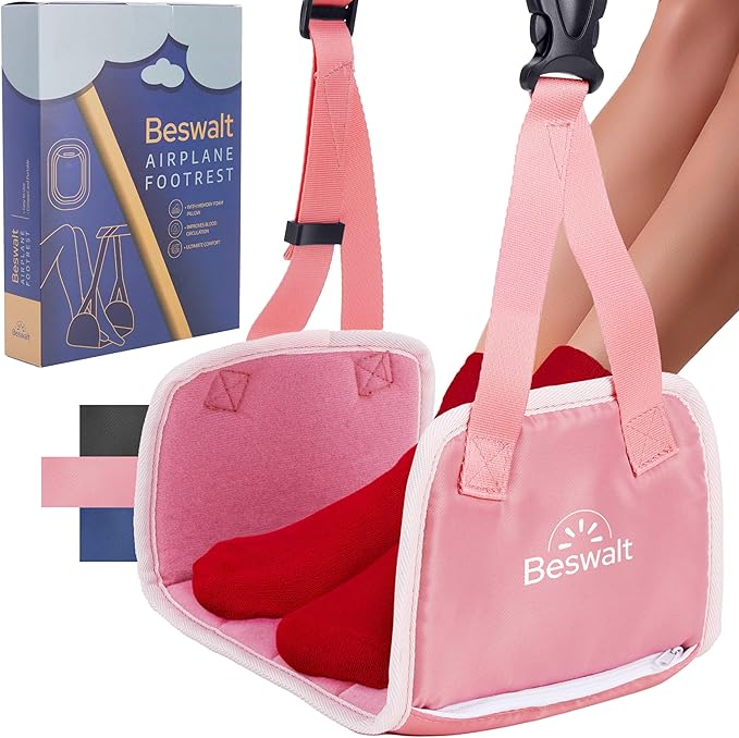 Portable Airplane Foot Hammock for Plane Travel with Memory Foam & Hardboard for No Feet or Leg Clashing - Long Flight Air Travel Essentials to Relax Feet Rest Flying Overseas by Beswalt (Pink)