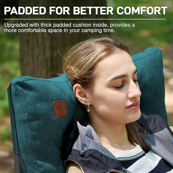 EVER ADVANCED Padded Oversized Folding Camping Chair for Adults, Heavy Duty Lawn Chair with Side Pockets, Portable Collapsible Quad Chair for Outside, Support Up to 500lbs, Green