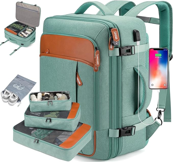 Travel Laptop Backpack,42L Carry on Luggage, Flight Approved Expandable Backpack,Business Anti Theft Weekender Bags for Women Men, Water Resistant Expandable Backpacks With 4 Packing Cubes