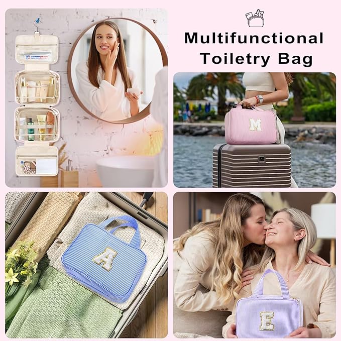 TOPEAST Hanging Toiletry Bag for Women - Travel Toiletry Bag Makeup Bag, Portable Toiletries Cosmetic Bag, Airplane Travel Essentials - Letter T, Blue