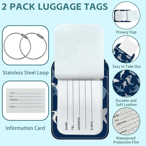 2 Pack Cute Luggage Tag for Suitcases Shark Set Leather Luggage Tags with Stainless Steel Loop Privacy Flap Name Tags,Men and Women Travel Bag Suitcase Tags