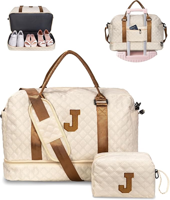 Girls Duffle Bag with Shoe Compartment, Monogrammed Bags, Kids Weekender Bag, Monogram Overnight Bag for Women with Trolley Sleeve & Wet Pocket, Letter Travel Bag with Makeup Bag (Letter J)