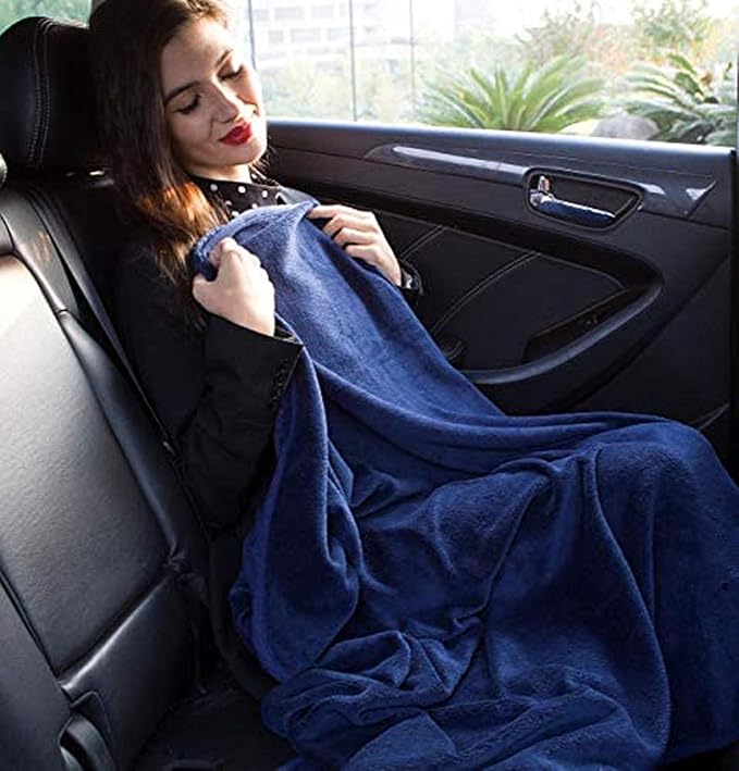 BlueHills Premium Soft Long Travel Blanket Pillow for Tall Airplane Flight Blanket Throw Luggage Belt & Backpack Clip Compact Packable Car Large 2 in 1 Combo Warm Gifts Navy Blue T051