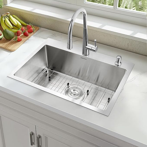 25-Inch Drop-In Kitchen Sink, SINKVINE 25" x 18" Stainless Steel Indoor and Outdoor Sink, Top Mount Large Deep Single Bowl Sink for Laundry Room, with Drain Strainer, Bottom Grid, Roll-up Drying Unit