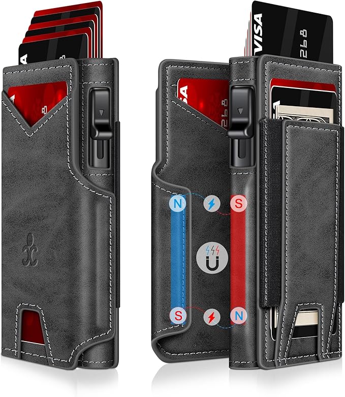 Wallet for Men Wallet with Slim Pop Up Card Holder 9-13 Cards, Bifold Minimalist Smart Wallet RFID Blocking Credit Card Holder with ID Window & Stretchable Cash Slot Compact Metal Aluminum Card Case