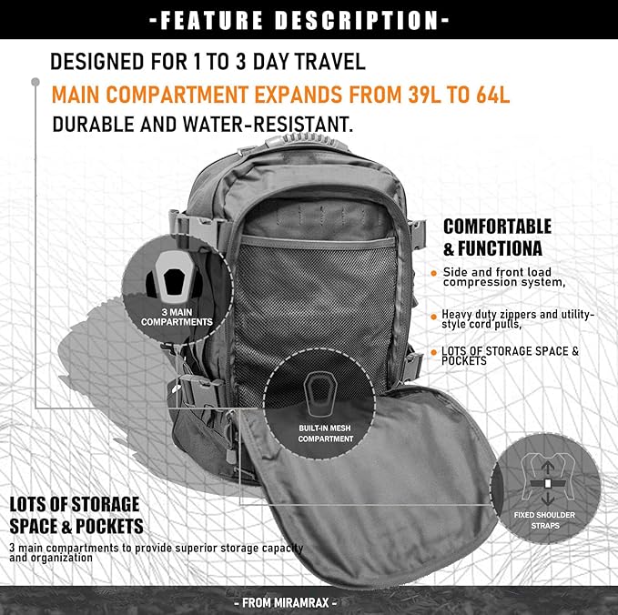 Tactical Backpack Military Backpacks for Men Army Expandable 3 Day Assault Pack Molle Backpacks Bug Out Bag (Grey)
