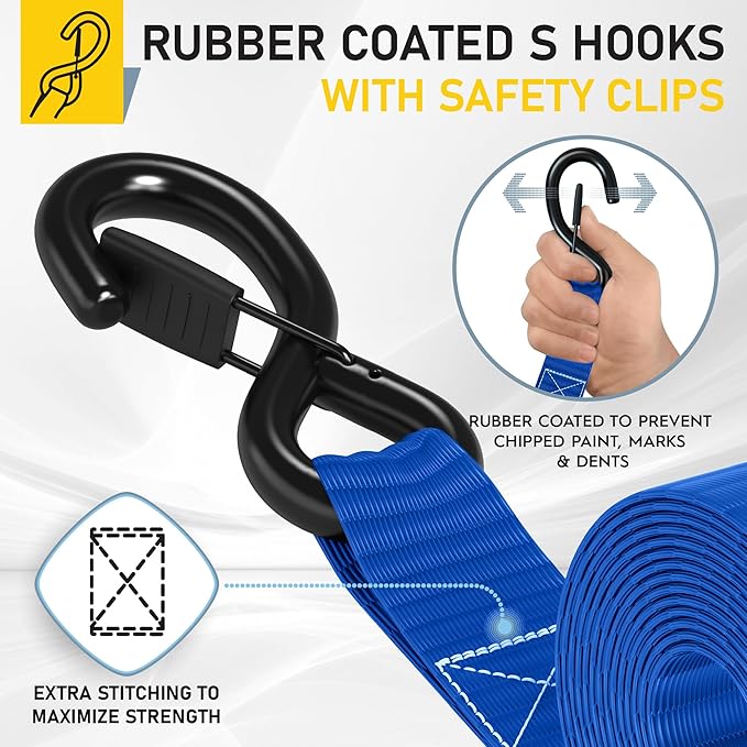 AUGO Heavy Duty Ratchet Straps & Soft Loops – Pack of 4 Extra Strong 1.5” by 15’ Ratchet Straps w/S-Hook Safety Latches & 4 Soft Loop Tie Downs – 4400Lb Break Strength for Motorcycles, ATVs, Etc.