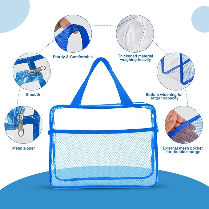 XEWEA Clear Travel Toiletry Bags, 3 Pack TSA Approved Transparent Makeup Bag for Men Women, Large Waterproof PVC Quart Organizer with Zipper for Toiletries Airline Essentials,Toy Storage Pouch Blue