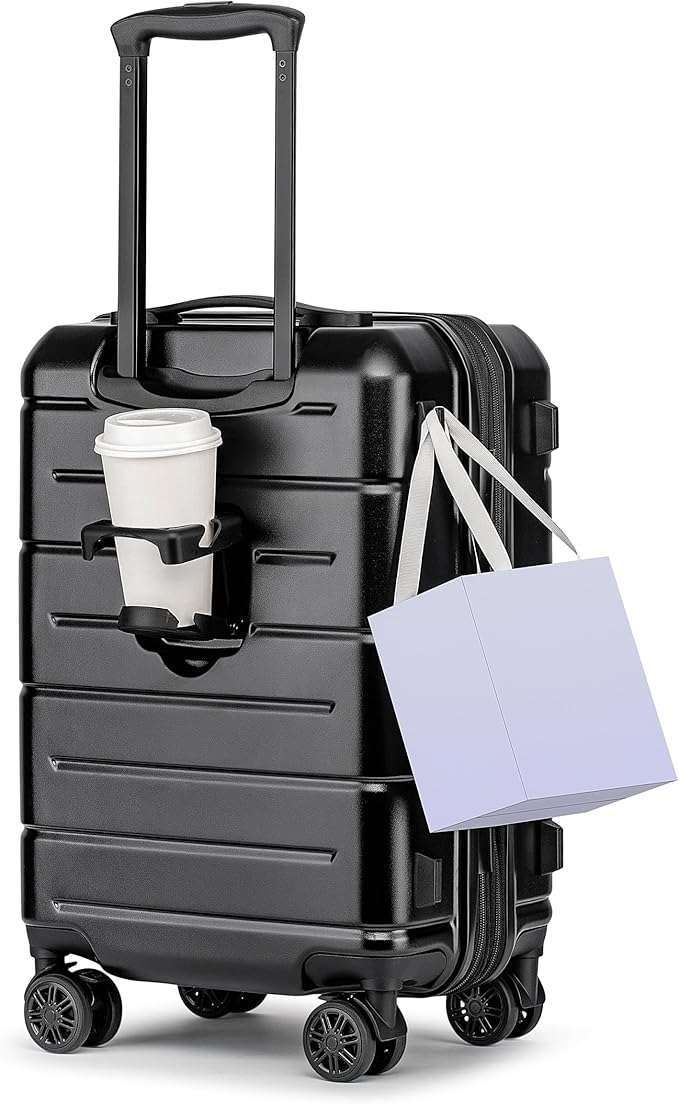 KYME Carry On Luggage 22x14x9 Airline Approved Expandable with Cup Holder 20 Inch Hardshell Carry-On Suitcase with Spinner Wheels TSA Lock Small Lightweight Travel Rolling Luggage Black