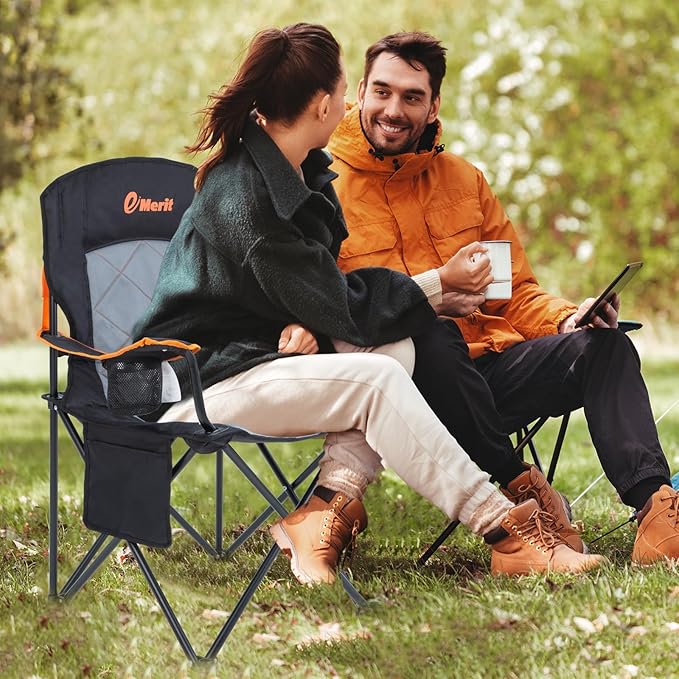 EMERIT Oversized Padded Camping Chair, 350LB Heavy Duty Quad Fold Chair with Arms, Collapsible Outdoor Chairs with Lumbar Back & Cup Holder Black
