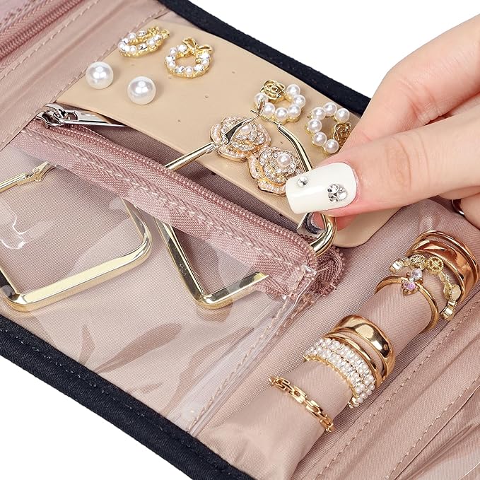 BELALIFE Travel Jewelry Case Organizer, Small Foldable Storage Roll for Earrings, Necklaces, Rings, Bracelets, Brooches, Black