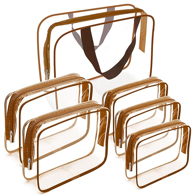APREUTY Clear Makeup Bags, TSA Approved 6Pcs Cosmetic Makeup Bags Set Clear PVC w/Zipper Handle Portable Travel Luggage Pouch Airport Airline Bags Bathroom (Coffee)