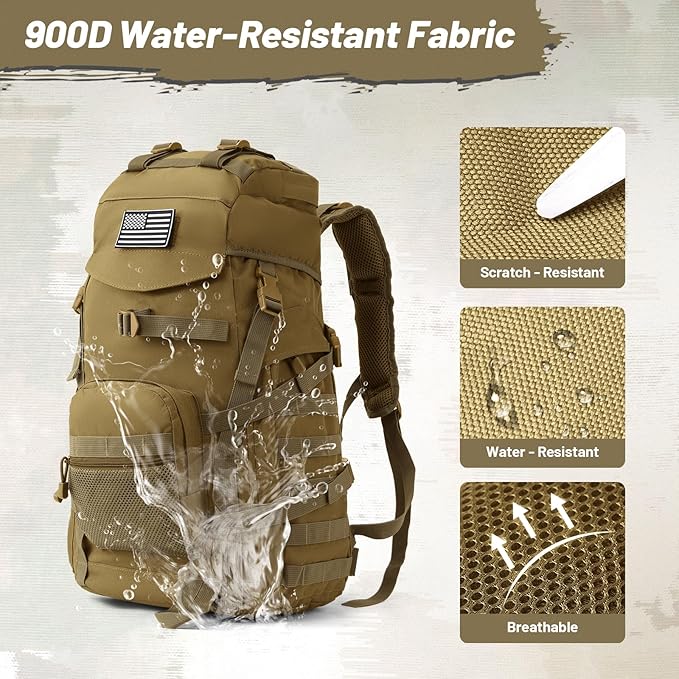 50L Tactical Backpack for Men and Women, Water-Resistant Molle Rucksack, Large Military Assault Pack for Hiking, Hunting, Camping, Gym & Outdoor Survival Khaki