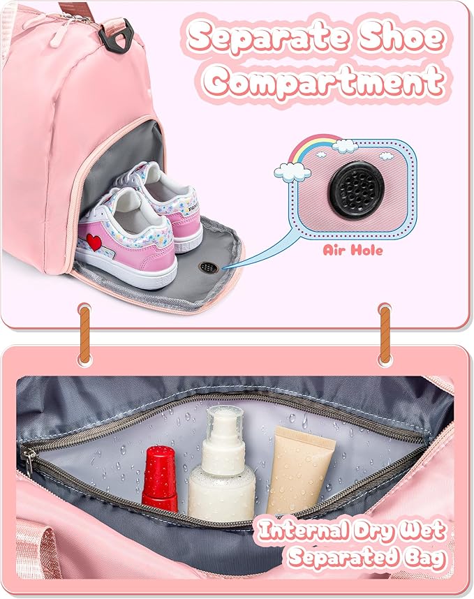 Ballet Dance Gifts for Little Girls-Girl Gym Bag with Shoe Compartment, Kid Weekender Ballet Bags, Initial Travel Tote with Makeup Pouch, Preppy Things for Kids Girls (Letter E)