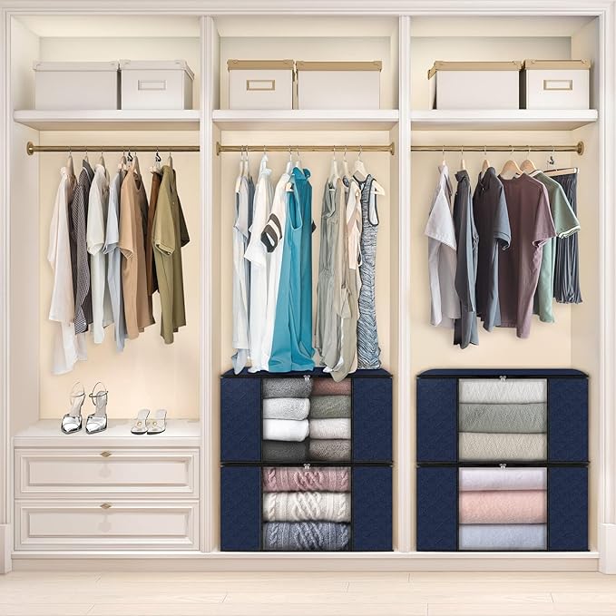 Fab totes 4 Pack Clothes Storage, Foldable Thick Fabric Blanket Storage Bags, Containers for Organizing Bedroom, Closet, Clothing, Comforter,Closet Organization with Handle,Blue