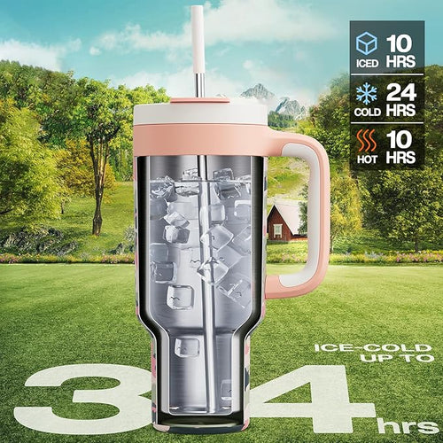 40 oz Camo Tumbler with Handle, 2-in-1 Straw and Sip Lid, Leakproof, Dishwasher Safe, Insulated Stainless Steel Travel Coffee Mug, Keeps Cold for 34 Hours, Fits in Car Cup Holder (Rose Dappled)