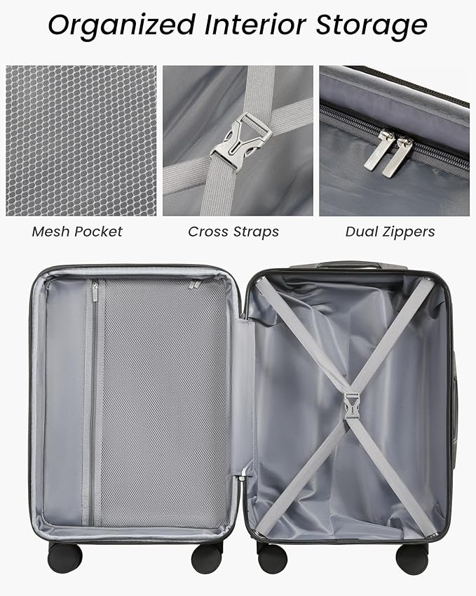 Carry On Luggage 22x14x9 Airline Approved with Spinner Wheels, Expandable Hardside Suitcase, Black